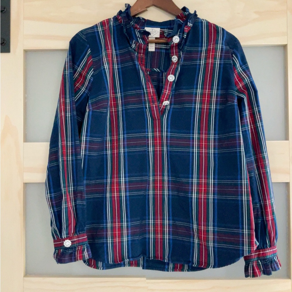 St. John’s Bay Plaid Ruffle Collar Blouse Size M Blue Red Preppy Cottagecore